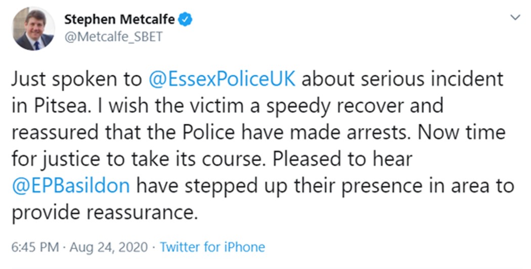 Stephen Metcalfe Pitsea Stabbing Tweet