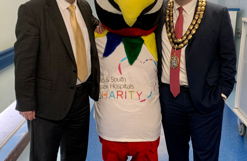 Stephen and the Mayor of Thurrock stand with the Trust Charity's Mascot - the Mayor is raising money for the ICU at Basildon Hospital.