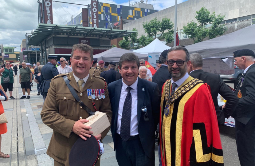 Lieutenant Colonel Ed Rankin, Stephen Metcalfe MP, and Luke Mackenzie, the Mayor of Basildon, at the Basildon military parade.