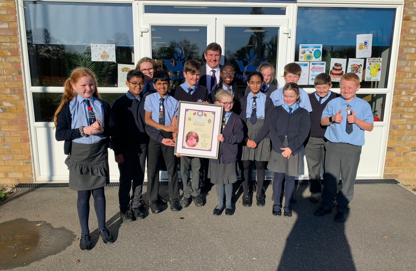 Stephen awards Kingswood pupils their Platinum Jubilee Certificate