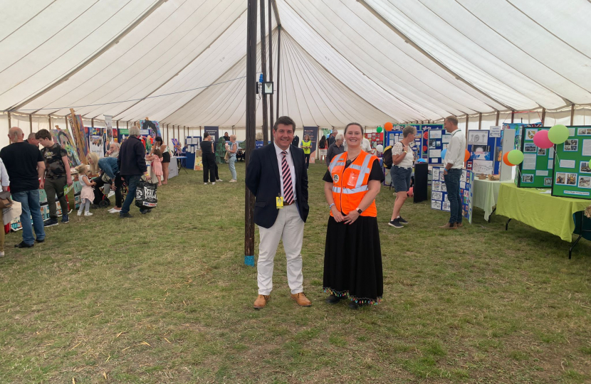 Stephen meets with Sally Khawaja, the Acting Chair of Governors at Gable Hall School, in the education tent.